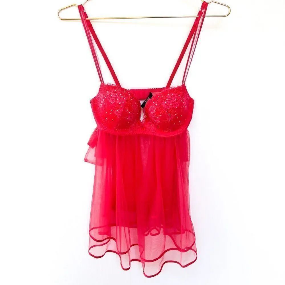 Victoria's Secret Hot Pink Padded Lace Bejeweled Bra Mesh Babydoll Lingerie 34C